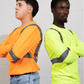 Two  men wearing a Long Sleeve Reflective T-shirt in safety orange and safety green.
