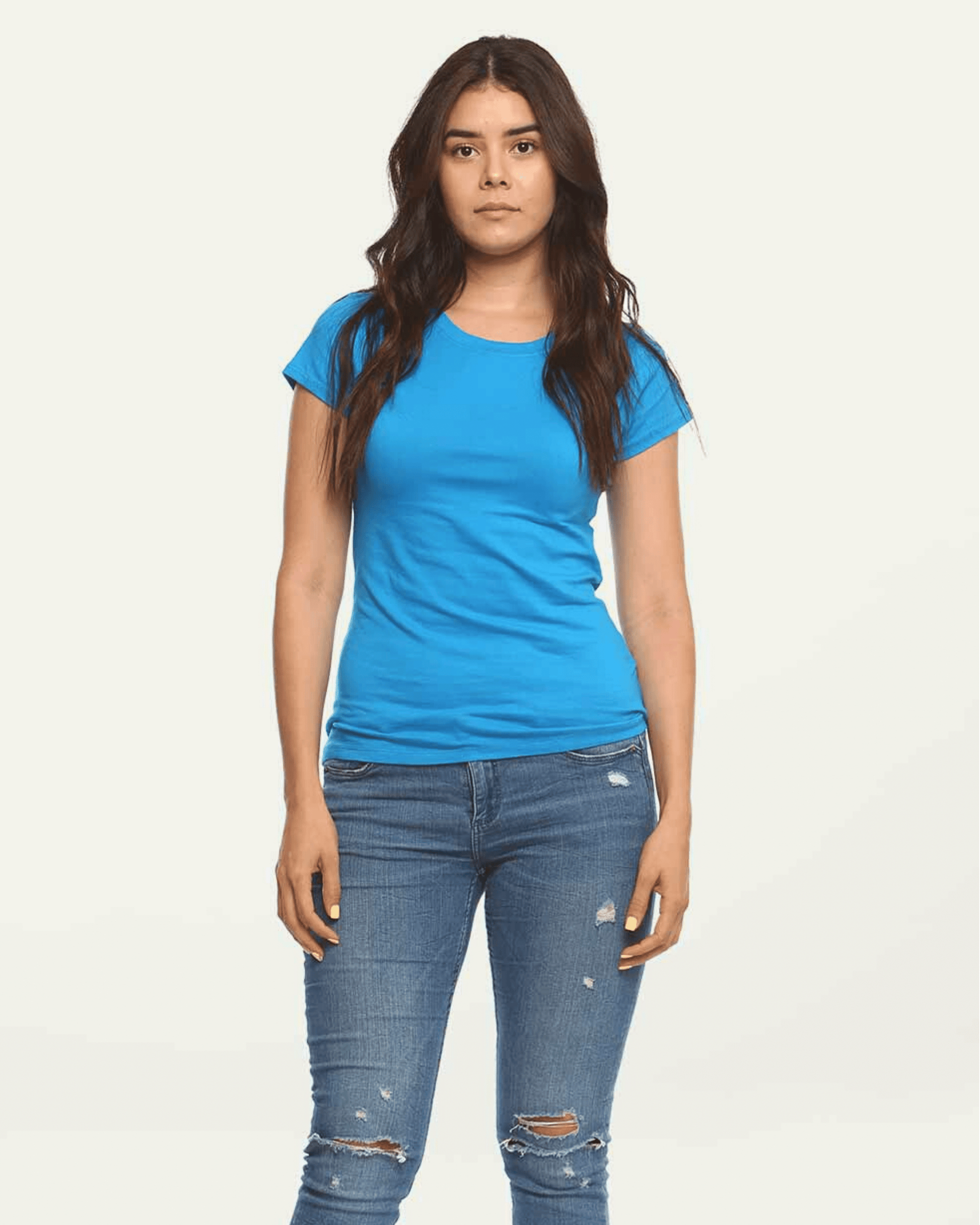 Woman wearing a Turquoise Suna Cotton® Ladies Junior Fit T-shirt