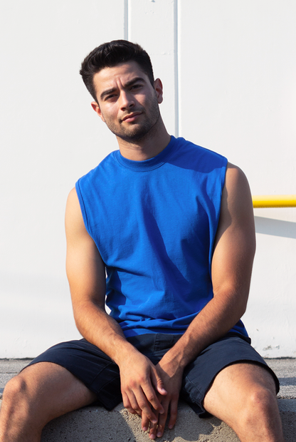 A man wearing Suna Cotton® Royal Blue Muscle Tee